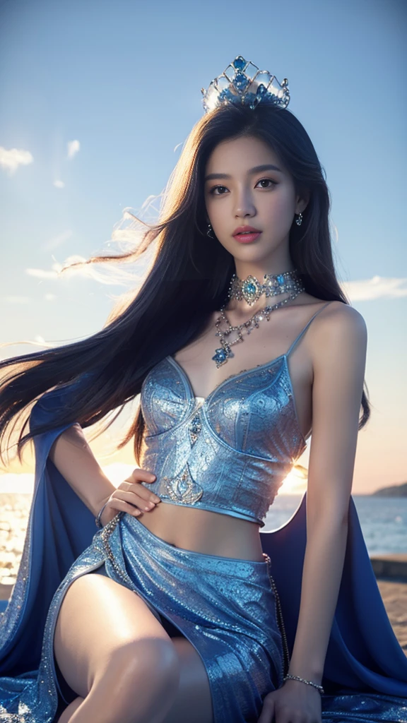 photorealistic, 1girl, ((slim body)), long hair, gradient hair, solo, detailed eyes, jewelry, bracelet, choker, small breasts, looking at viewer, realistic, necklace, (((blue princess))), long skirt, thigh highs, blue cape, sardine, lace, evening, sunlight, clouds, in the sky, clouds, realistic sun light,, detailed, upper body, sitting,