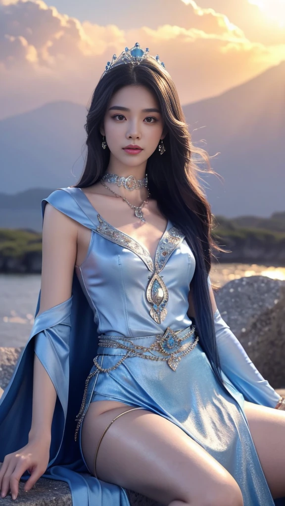 photorealistic, 1girl, ((slim body)), long hair, gradient hair, solo, detailed eyes, jewelry, bracelet, choker, small breasts, looking at viewer, realistic, necklace, (((blue princess))), long skirt, thigh highs, blue cape, sardine, lace, evening, sunlight, clouds, in the sky, clouds, realistic sun light,, detailed, upper body, sitting,