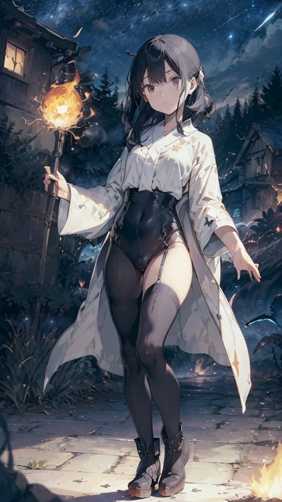 ((Most beautiful woman)),delicate face,(Expressionless),(White skin),((Wears old robe)),((Black long tights)),(Comfort boots),(Slim body),((Full_body)),(Head to feet),flames surround the background,meteors falling from the sky,((burning arm)),(flaming dagger), fiercely flares,fire magics,dark magics,demon flames,demon magics,strongly powers,nightmare powers,light magics, explosive magics,explosion,((Explosive background)),magical weapons,(demon lord),((Anti-hero)),chaotic background,burning nature,day light,solar lights,daytime,burning villages,demon warriors,alone,silence,time-stopping,clear view,perfection,calming atmosphere.