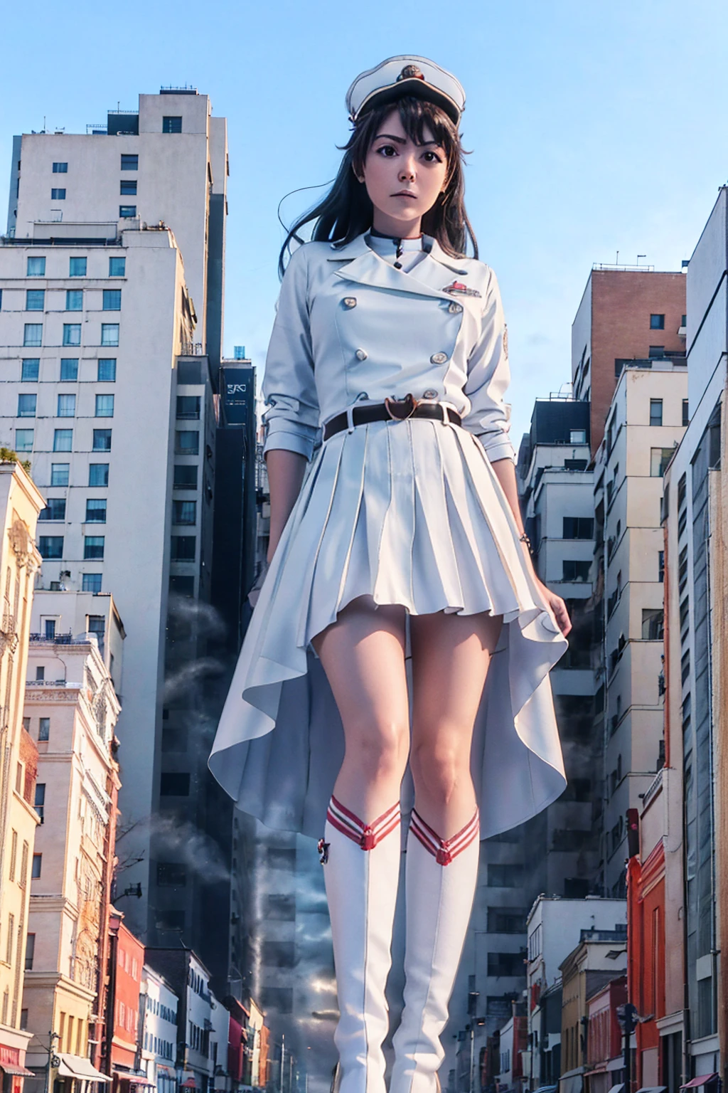 Girl taller than the building,from below, round and large eyes、tallgts,giantess,Full body photo,BuildingSeat, white uniform,Big breasts,pencil skirts,,white boots,cleveage of the breast、a miniskirt、Modern miniature buildings、top-quality、Watercolor style、stomping