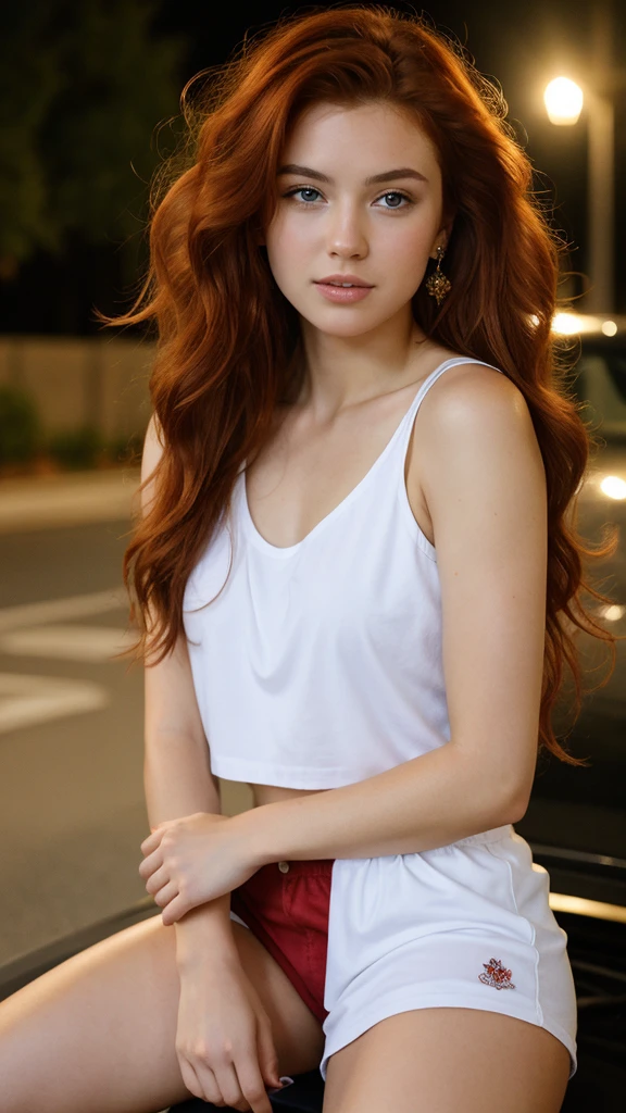 (((Masterpiece))), 25-year-old Caucasian French girl with shoulder-length messy red hair, adorned with , blooming hair akin to a royal . Captured in the best quality, this illustration serves as a 4K wallpaper, white top, very short white shorts, she sits in a parking lot, holding a bottle of car chemicals in her hand, it's night, . Night