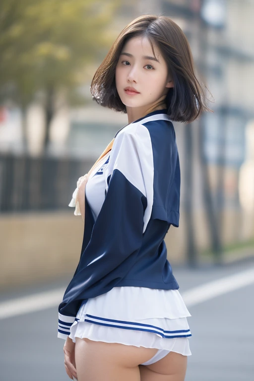 (top-quality, 8k, masterpiece:1.3), (focus:1.2), (perfect body beauty:1.4), (s ass:1.2), (layered haircut, breastsout:1.2), (wet sailor suit:1.1), (sateen, street:1.3), bandeau dress:1.1, highly detailed facial and skin texture, delicate eyes, double eyelid, whitened skin, short hair