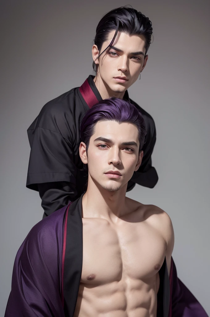 Um homem com roupas de monge com um sobretudo preto com detalhes vermelho e o kimono branco.
Dark purple hair slicked back He has a strong appearance Face, ele tem uma cara seria com pupilas vermelhas.