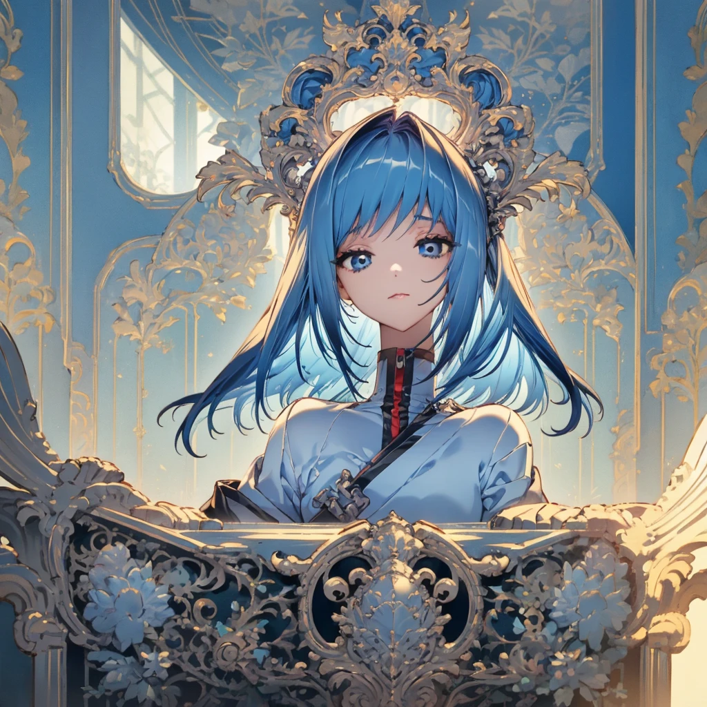 A blue-haired girl giving counseling in a counseling room. She has a sad expression and is smiling. She is looking at herself..