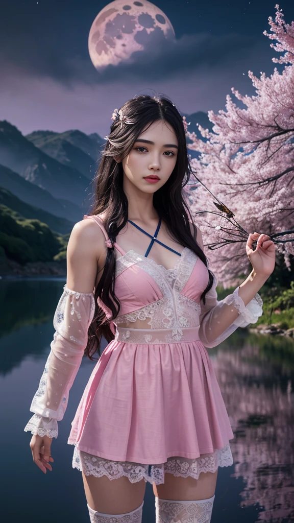 8K, ultra hd, masterpiece, 1 girl, ((18 years old girl)), good face, very long hair, detailed eyes, detailed lips, small breasts, ((polythene clothing, pink clothing)), ((criss-cross lace)), sardine, ornament, jewellery, antique jewellery, loops, straps, dim lighting, epic scenery, ((night scenery:1.5)), ((Realistic moon)), cherry blossom, beautiful, rain, flowers, butterfly, water reflection, RTX 4090, (unreal engine 5), ray tracing, bloom effect, perfect pose,