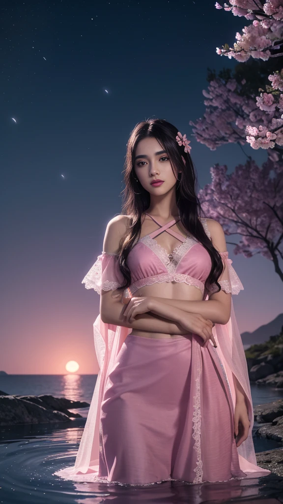 8K, ultra hd, masterpiece, 1 girl, ((18 years old girl)), good face, very long hair, detailed eyes, detailed lips, small breasts, ((tape clothing, pink clothing)), ((criss-cross lace)), sardine, ornament, jewellery, antique jewellery, loops, straps, dim lighting, epic scenery, ((night scenery:1.5)), ((Realistic moon)), cherry blossom, beautiful, rain, flowers, butterfly, water reflection, RTX 4090, (unreal engine 5), ray tracing, bloom effect, perfect pose,