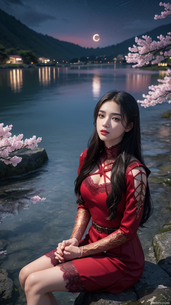 8K, ultra hd, masterpiece, 1 girl, ((18 years old girl)), good face, very long hair, detailed eyes, detailed lips, small breasts, detailed clothing, red clothing, ((criss-cross lace)), sardine, ornament, jewellery, antique jewellery, loops, straps, dim lighting, epic scenery, ((night scenery:1.5)), ((Realistic moon)), cherry blossom, beautiful, rain, flowers, butterfly, water reflection, RTX 4090, (unreal engine 5), ray tracing, bloom effect, front body, sitting, 