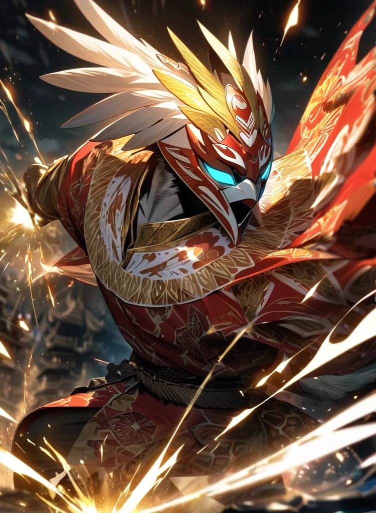 ,absurdres, highres, ultra detailed, HDR, masterpiece, extremely detailed face and eyes,Indonesian Super Hero costume,,red and white Garuda costume, Garuda eagle mask, , Indonesia batik pattern , solo, man, handsome, ,, , Epic fight scene, golden splashing effect, golden effect,glowing glitters