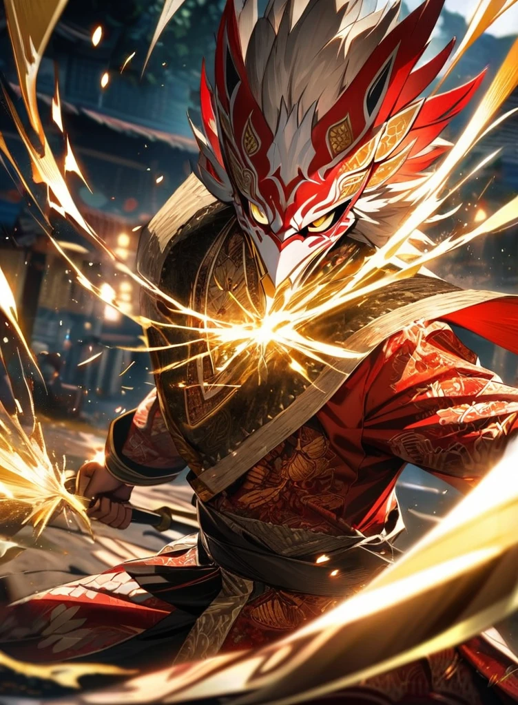 ,absurdres, highres, ultra detailed, HDR, masterpiece, extremely detailed face and eyes,Indonesian Super Hero costume,,red and white Garuda costume, Garuda eagle mask, , Indonesia batik pattern , solo, man, handsome, ,, , Epic fight scene, golden splashing effect, golden effect,glowing glitters