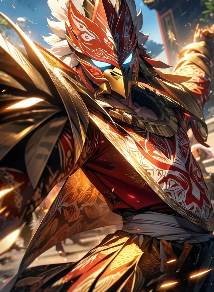 ,absurdres, highres, ultra detailed, HDR, masterpiece, extremely detailed face and eyes,Indonesian Super Hero costume,,red and white Garuda costume, Garuda eagle mask, , Indonesia batik pattern , solo, man, handsome, ,, , Epic fight scene, golden splashing effect, golden effect,glowing glitters