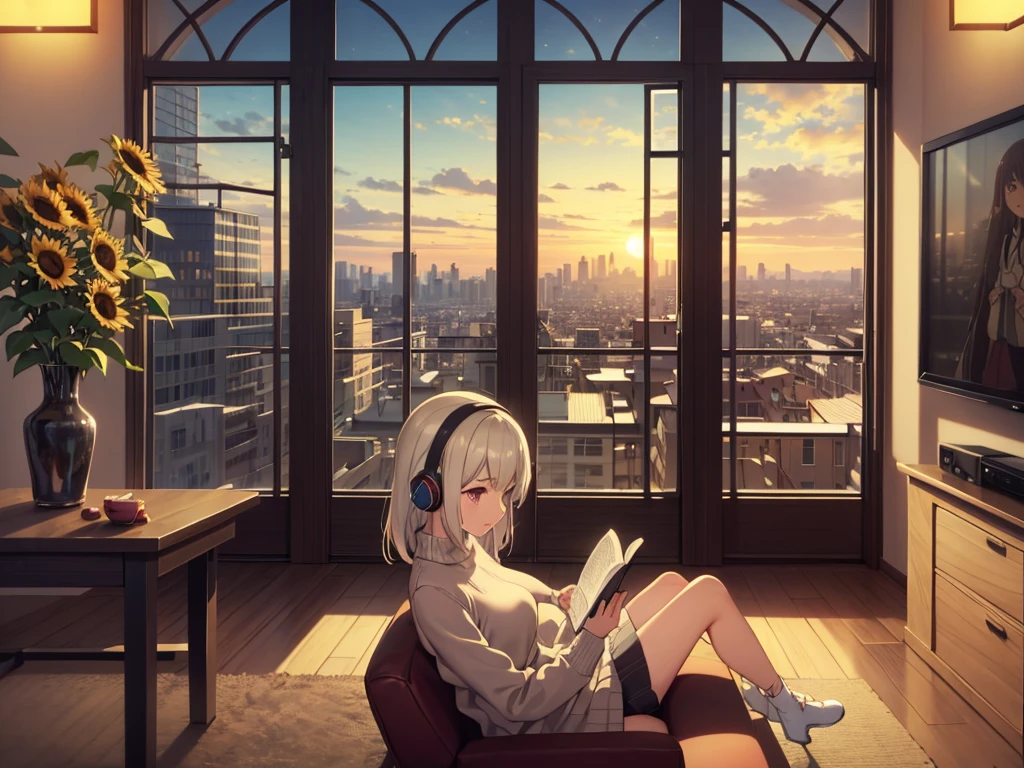 Detailed anime girls, Wearing a large sweater, Wearing headband headphones, praise, quiet, quiet雰囲気, cold, Reading in the living room, Large windows with city views, View of the city from outside, quiet夜, Cat, masterpiece, highest quality, big sunFlowers, fig, bougainvillea, Flowers, book