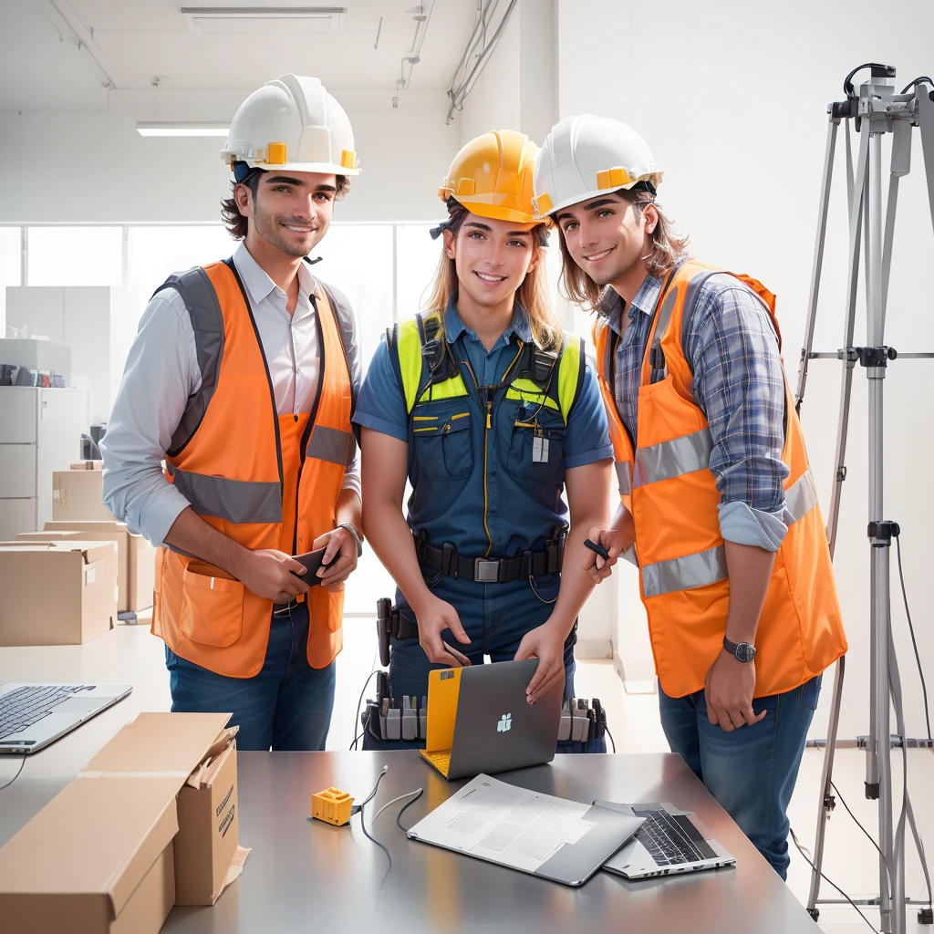 Three people in safety vests and helmets looking at a laptop., Construction, Ingeniero Civil, foto fija, advanced technology, retrato, personas en el trabajo, Trabajadores, arquitecto, engineering, editado, foto de medio plano, arquitectoural planning, Close-up photography, foto tomada en 2 0 2 0, highly technician, foto publicitaria, Innovador, having fun, Rectangle, technician