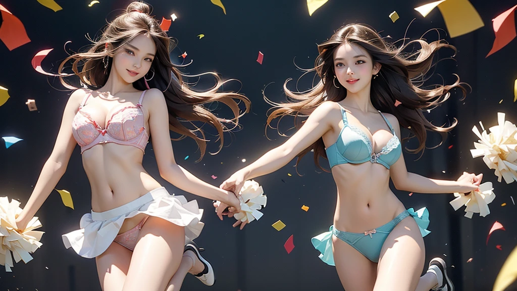 8k、RAW Photos、highest quality、Super detailed、Super Resolution、Ultra HD、8k wallpaper、Amazing details
(highest quality:1.2), masterpiece, High resolution, Perfect lighting, Lens flare, Cheerleader, Jump, Long Hair, Brunette Hair, Holding a pom-pom, erupt, Sleeveless with a wide open chest, wonderful, Fine Eyes, Underwear is perfectly visible skirt that bounces energetically, break ((Colorful confetti)), Stadium, Nice, c cup breasts, Sparkling, effect、Underwear is perfectly visible、sexy、smile、extraordinary smile、cute、
((((Panties and bra are visible))))