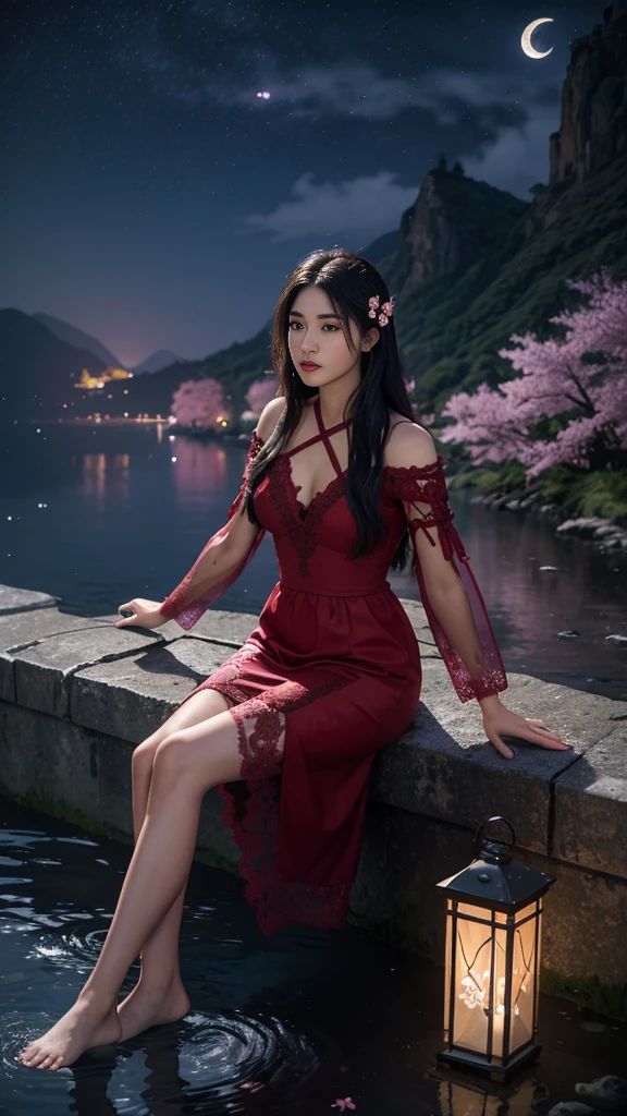 8K, ultra hd, masterpiece, 1 girl, ((18 years old girl)), good face, very long hair, detailed eyes, detailed lips, small breasts, detailed clothing, red clothing, ((criss-cross lace)), sardine, ornament, jewellery, antique jewellery, loops, straps, dim lighting, epic scenery, ((night scenery:1.5)), ((Realistic moon)), cherry blossom, beautiful, rain, flowers, butterfly, water reflection, RTX 4090, (unreal engine 5), ray tracing, bloom effect, front body, sitting, 