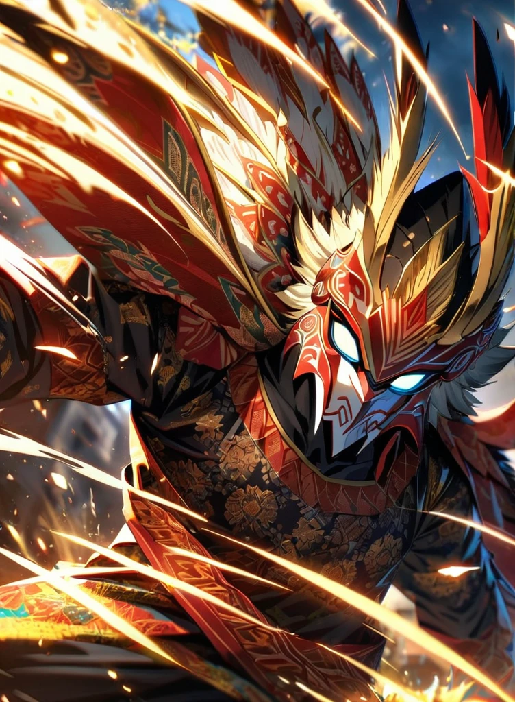 ,absurdres, highres, ultra detailed, HDR, masterpiece, extremely detailed face and eyes,Indonesian Super Hero costume,,red and white Garuda costume, Garuda eagle mask, , Indonesia batik pattern , solo, man, handsome, ,, , Epic fight scene, golden splashing effect, golden effect,glowing glitters