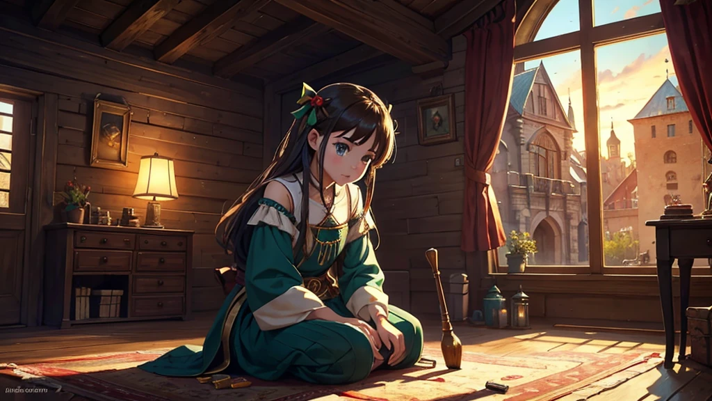 digital painting, азиатская location в помещении, location, location из игры в доме, in a room with a medieval style, medieval houses, in a big house from the world of MMORPG, игровая location, Warm colors, location в теплых тонах, игровая location, cute style, medieval game, большая location, glowing effects in the background, glow effects, colorful, No characters, no characters, только location, cute style, anime style, holiday, holiday ribbons,