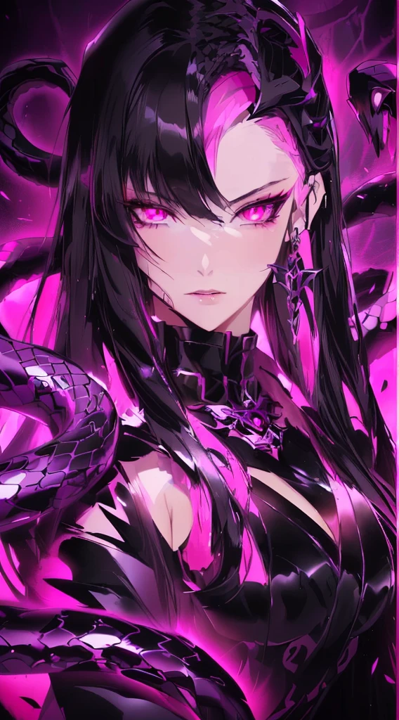 anime girl with pink eyes and black hair holding a snake, dark queen of snakes, dark goth queen with pink eyes, fine details. anime. tentacles, lamia, demon anime girl, detailed anime character art, menacing look, by Yang J, albedo from the anime overlord, anime character, her many snakes as hair, evil looking