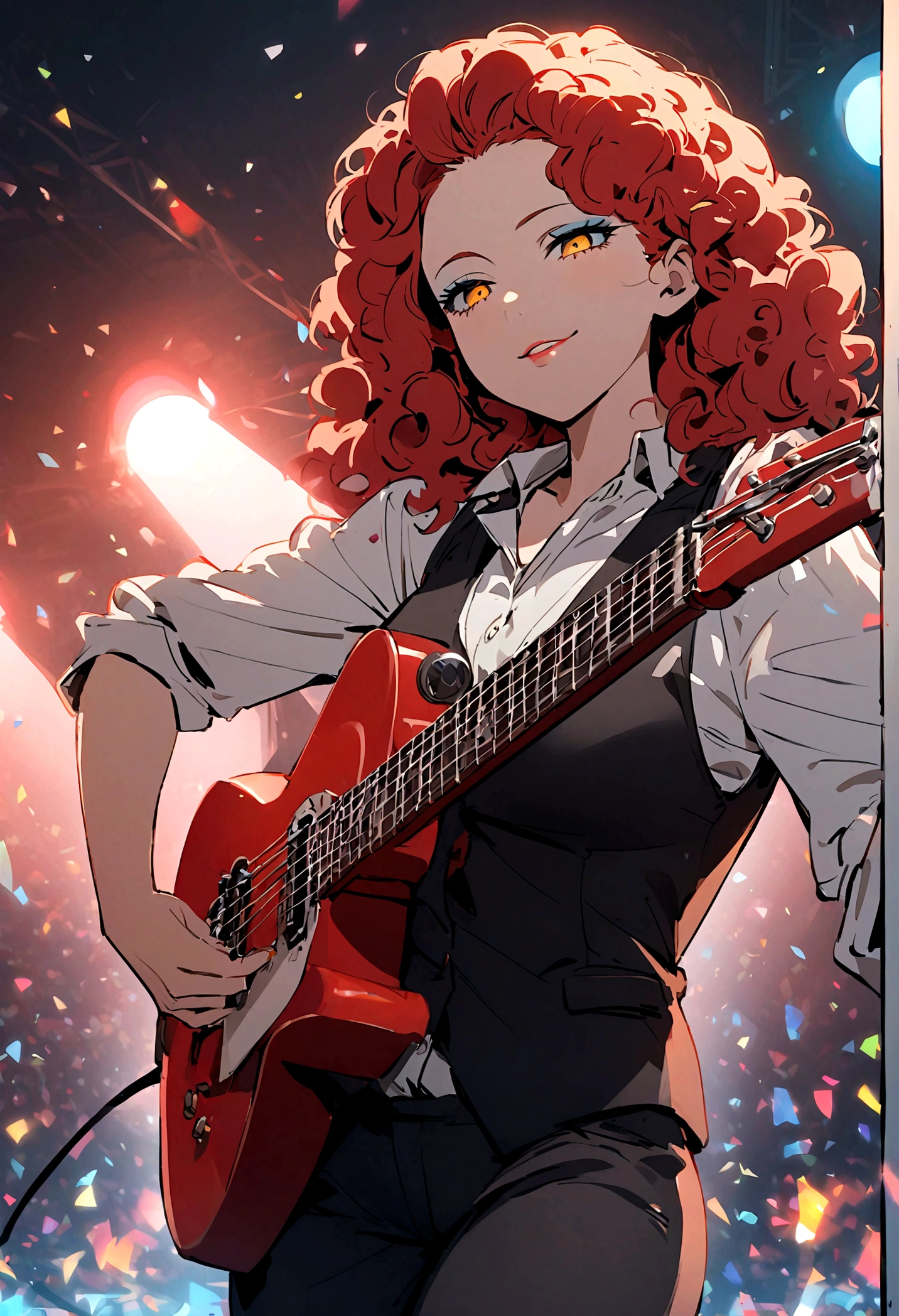 animate, real, 1 girl,30 years old,medium hair,((perm)),wavy hair,red hair,forehead,Voluminous curly hair,seductive smile,Light blue eyeshadow,red eyebrows,yellow eyes,tsurime,narrow eyes,half opend eyes,red lips,Confident expression,light smile,calm,black vest,white shirt,collared shirt,Unbutton the top button of shirt,black pants, BREAK standing,singing,play the red guitar,stage,The background features bold,colorful lettering and stage lights,capturing a lively,energetic performance