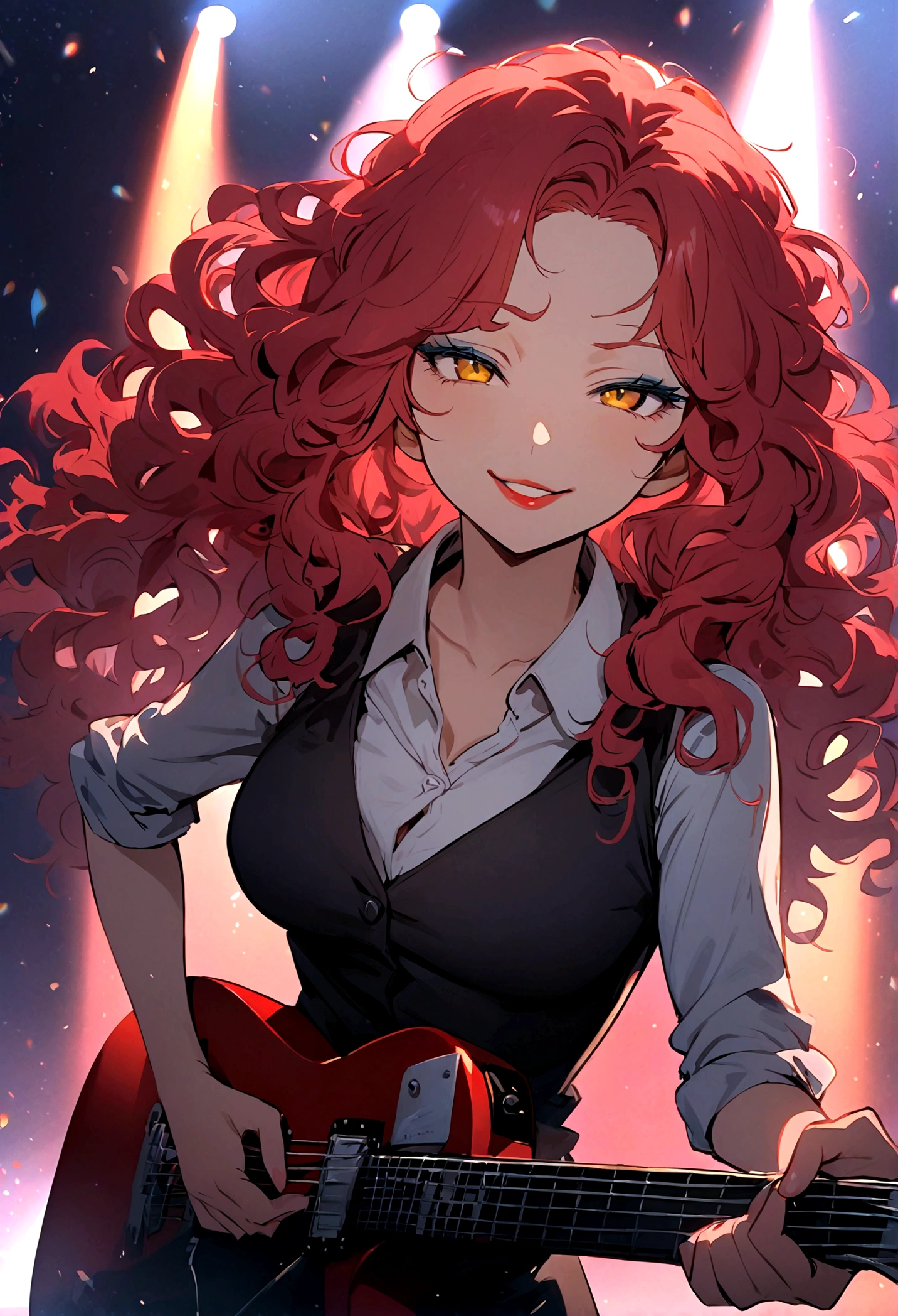 animate, real, 1 girl,30 years old,medium hair,((perm)),wavy hair,red hair,forehead,Voluminous curly hair,seductive smile,Light blue eyeshadow,red eyebrows,yellow eyes,tsurime,narrow eyes,half opend eyes,red lips,Confident expression,light smile,calm,black vest,white shirt,collared shirt,Unbutton the top button of shirt,black pants, BREAK standing,singing,play the red guitar,stage,The background features bold,colorful lettering and stage lights,capturing a lively,energetic performance