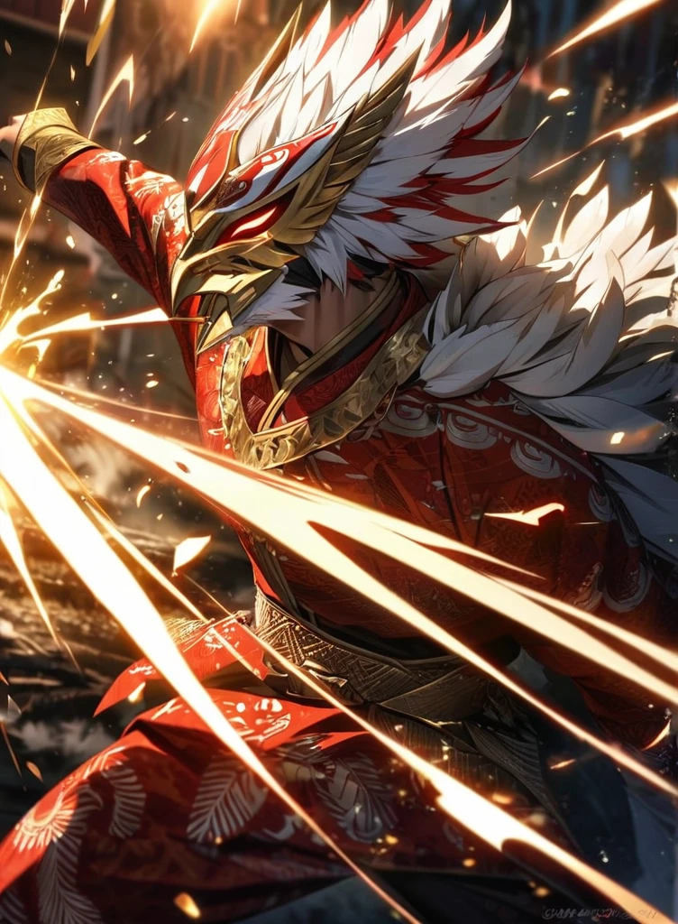 ,absurdres, highres, ultra detailed, HDR, masterpiece, extremely detailed face and eyes,Indonesian Super Hero costume,,red and white Garuda costume, Garuda eagle mask, , Indonesia batik pattern , solo, man, handsome, ,, , Epic fight scene, golden splashing effect, golden effect,glowing glitters
