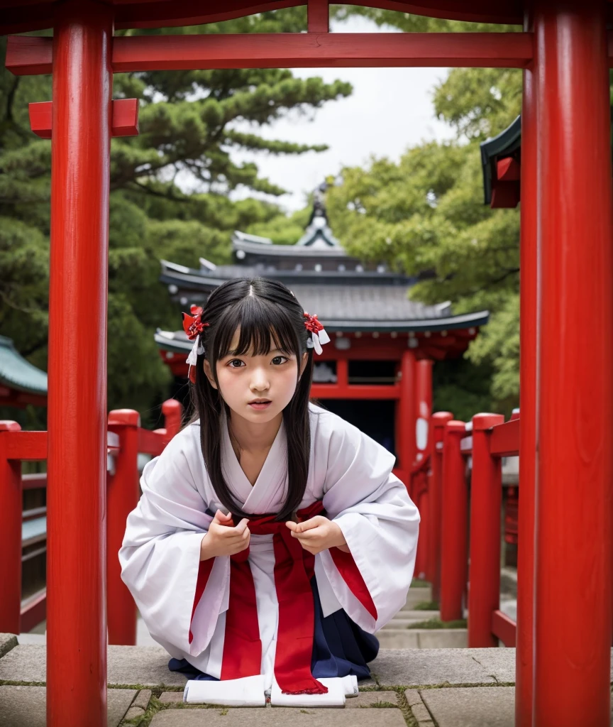 A shrine maiden is gang-raped in her shrine maiden uniform at a shrine