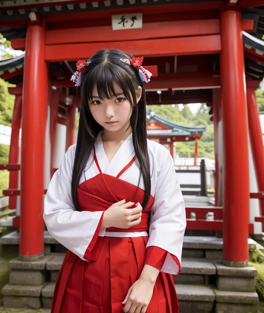 A shrine maiden is gang-raped in her shrine maiden uniform at a shrine