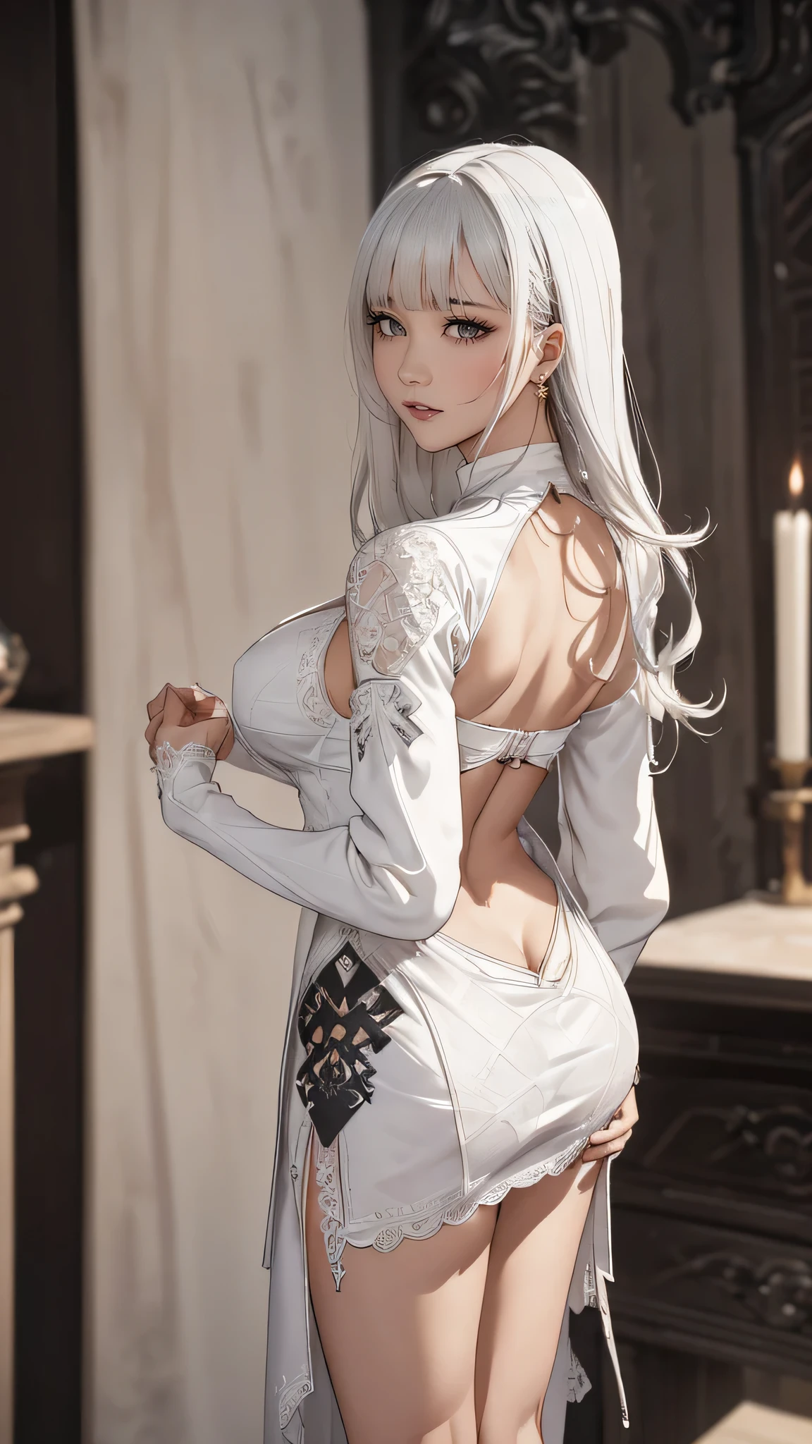 from behind,backwards,(leather boots,asymmetrical armor,(long embroidered white lace dress,see through,lift up the hem of the dress),silver hair,(ebony skin:1.2),(Thin type:1.8),(big breasts),(random hairstyle),(Highest image quality,(8k),ultra-realistic,best quality, high quality, high definition, high quality texture,high detail,beautiful detailed,fine detailed,extremely detailed cg,detailed texture,a realistic representation of the face,masterpiece,Sense of presence)