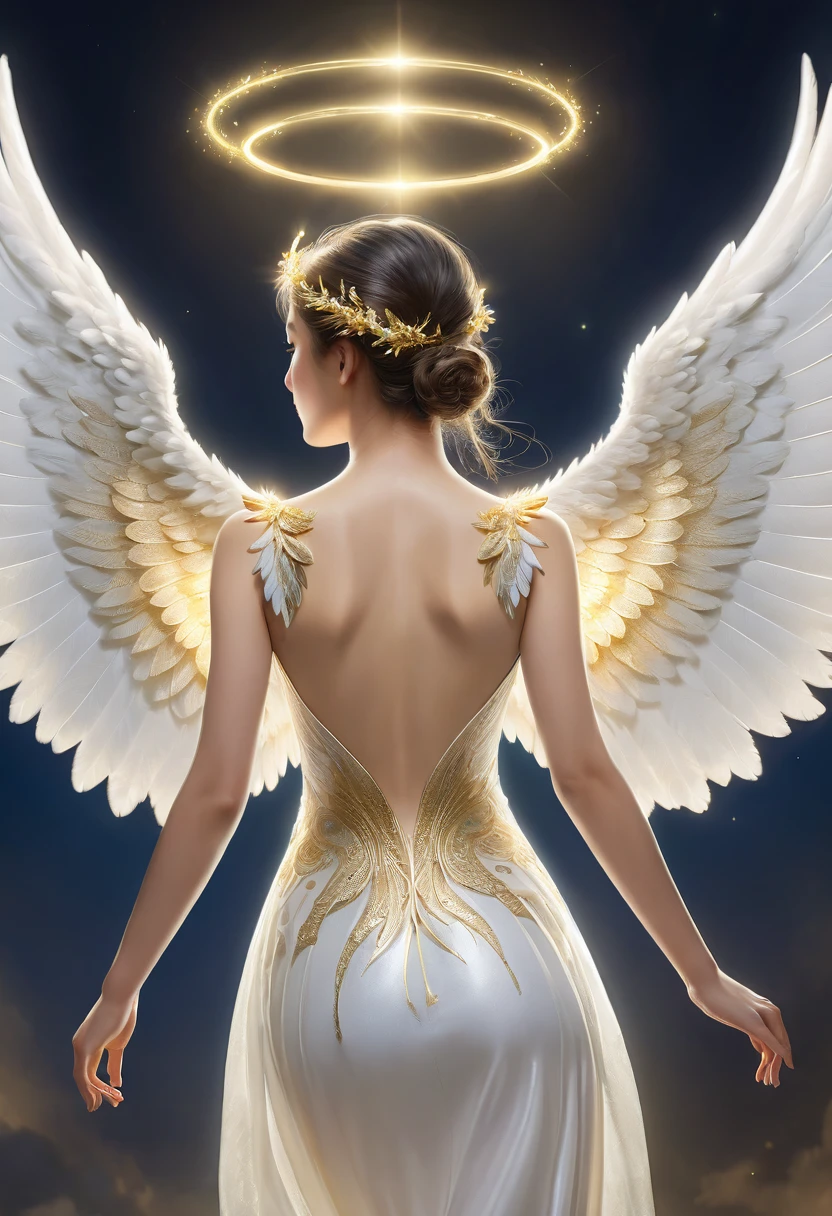 best quality, top quality, masterpiece, highres, detailed, a soaring angel, Wings sprout from her back, Back View, a dazzling halo,