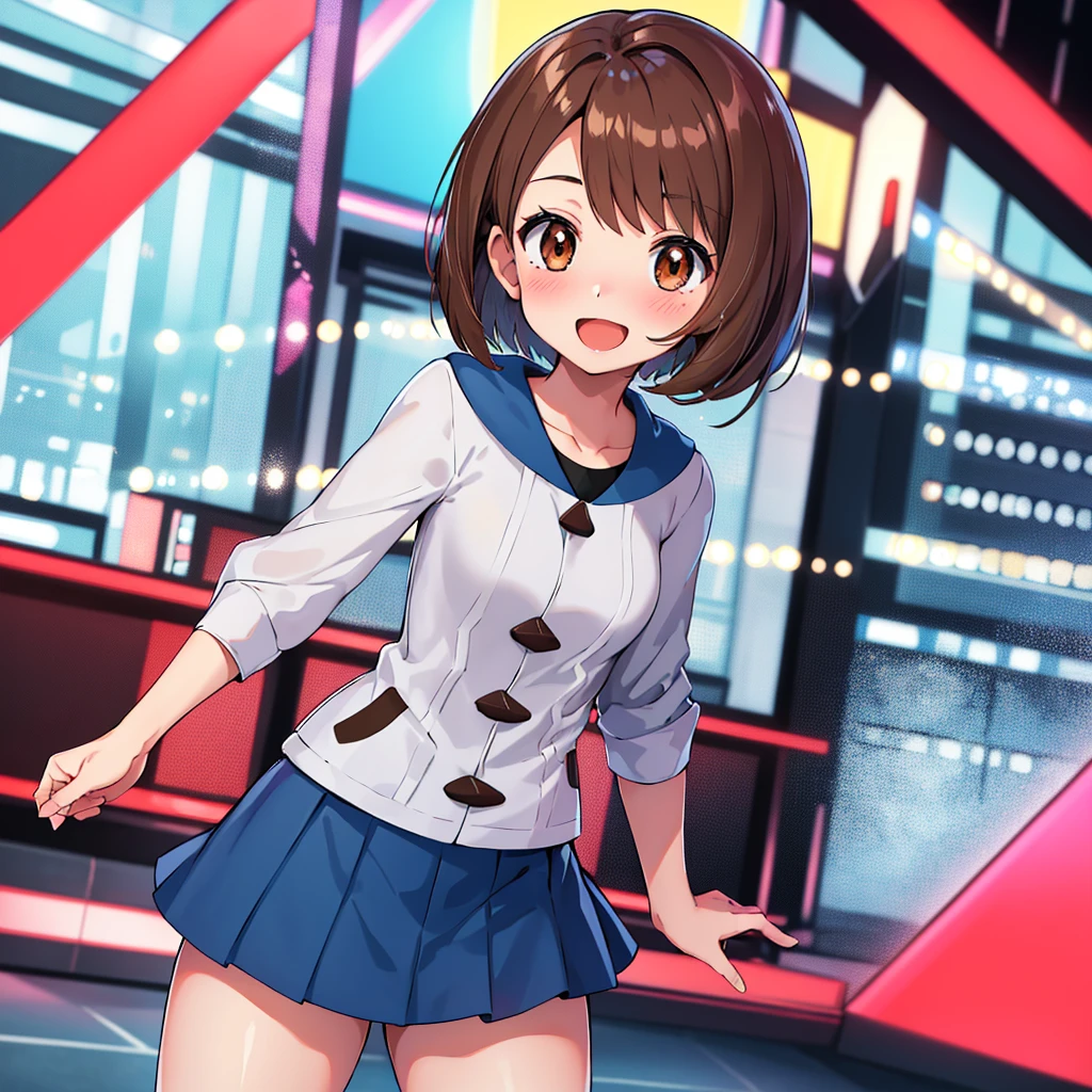 masterpiece, highest quality, High resolution, Gloria1, 1 Girl, Gloria\(Pokémon\), Brown Hair, , Brown Eyes, , Short Hair, , Bobcut, bangs, , 　１Describe a girl carefully　１Girl　A sloppy smile　blush　Open Mouth　blush　In town　Jacket　shirt　mini skirt