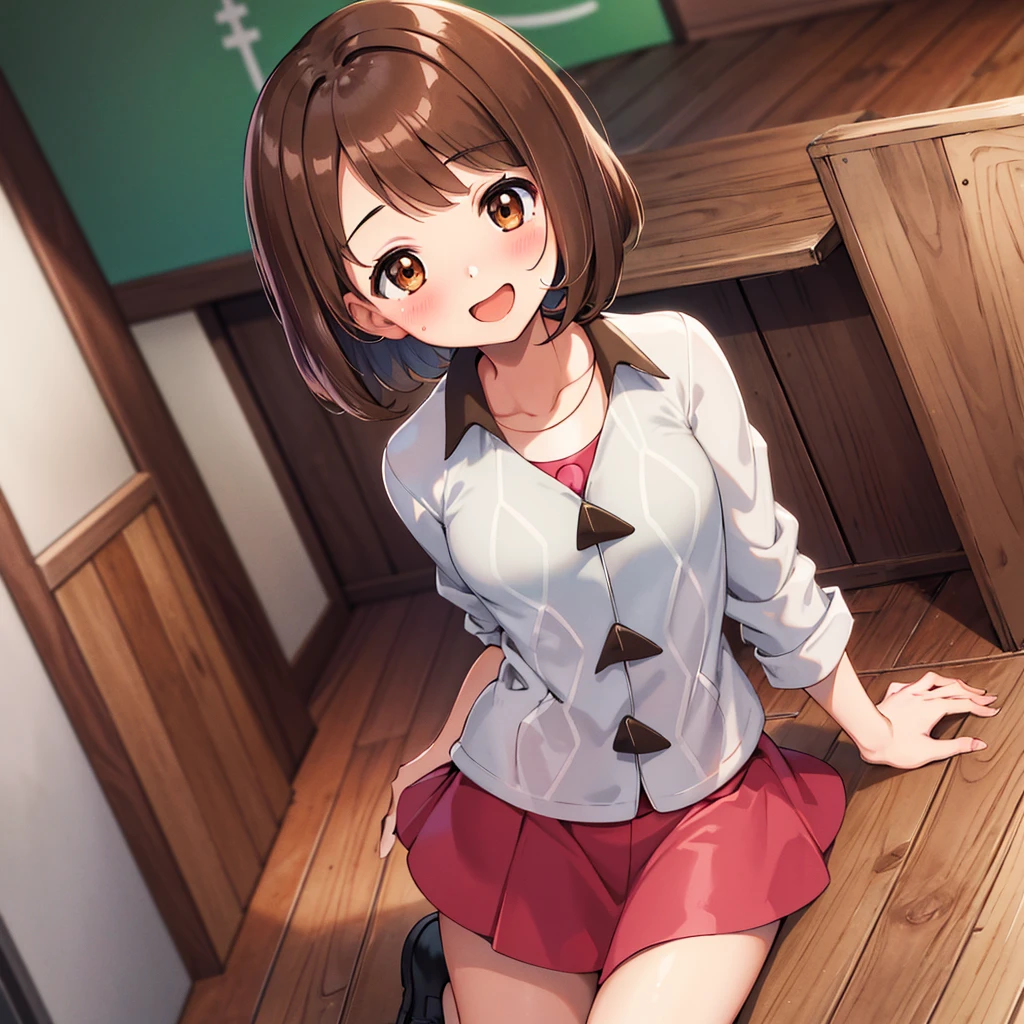 masterpiece, highest quality, High resolution, Gloria1, 1 Girl, Gloria\(Pokémon\), Brown Hair, , Brown Eyes, , Short Hair, , Bobcut, bangs, , 　１Describe a girl carefully　１Girl　A sloppy smile　blush　Open Mouth　blush　In town　Jacket　shirt　mini skirt