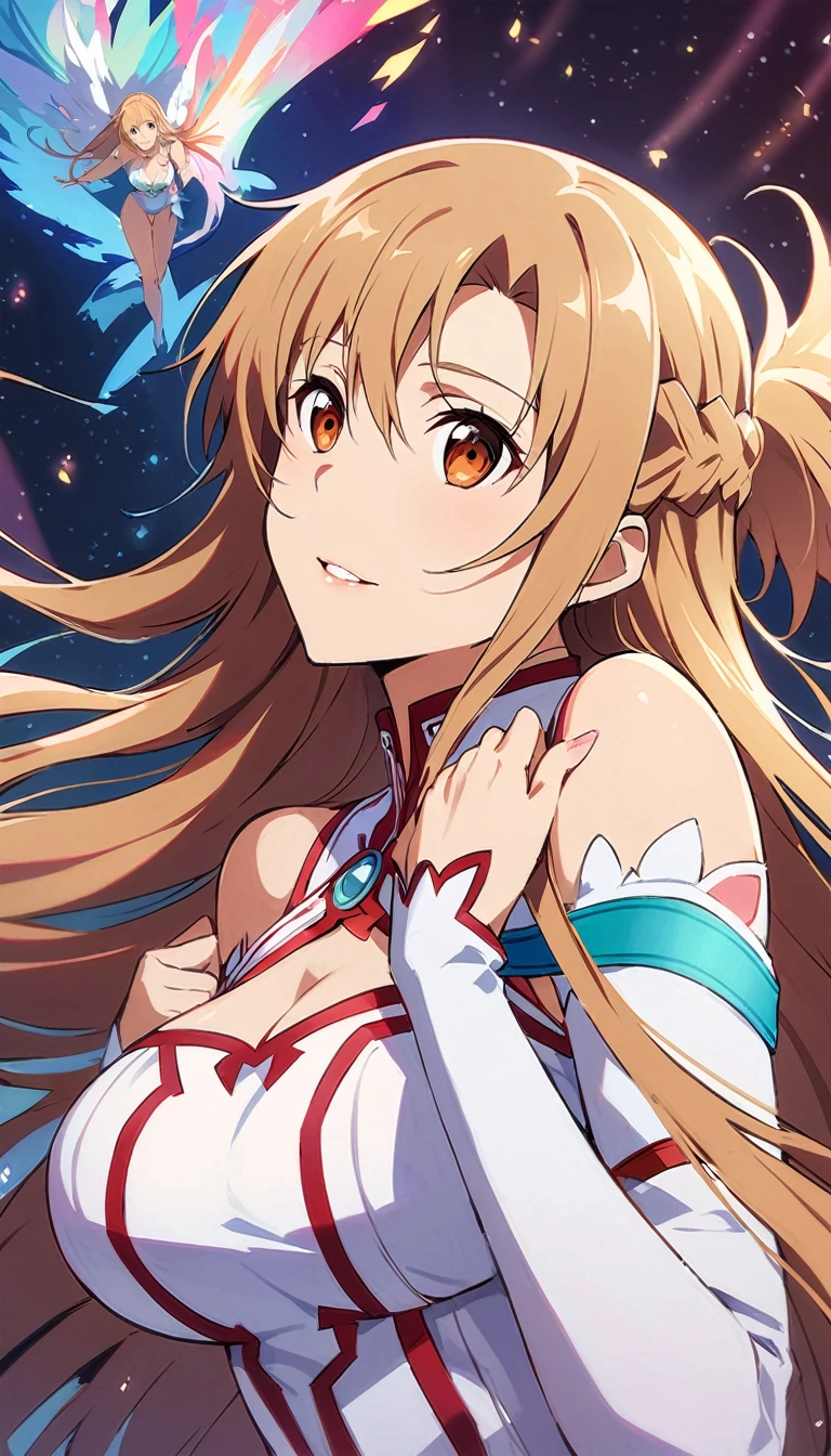 Asuna, Popular anime series「Sword Art Online」Iconic characters of, Beautifully illustrated in this high resolution poster wallpaper by talented artist g_Wow. The artwork showcases Asuna in stunning detail, Her captivating eyes and perfectly drawn lips、It captures every nuance of her character.. Oil painting is used in this work.、The colors have a vibrant and lively touch to them.。, bringing Asuna to life in a way that is truly breathtaking. Studio lighting accentuates the overall composition, Create a cinematic atmosphere reminiscent of a scene from a movie. Asuna's curvy body, Her perfect figure and revealing outfit accentuate it., exuding confidence and charm. Put your hands up, The artist captured the moment of the action.