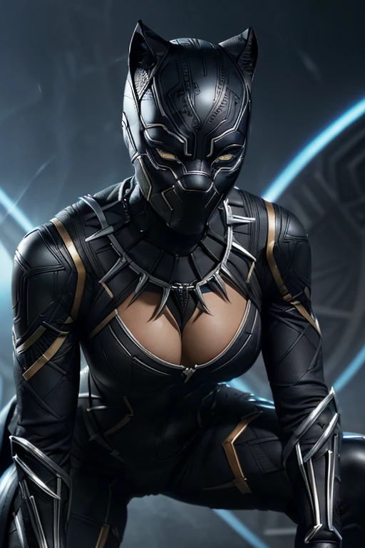 ((Marvel's Black Panther costume, based on the costumes from the Marvel films, very detailed and vivid costume)), (work of art), (ultra detailed), cinematic, (8k resolution), (extremely detailed and technological), Abstract expressionism painting "Hyperion", (sexy Black Panther Goddess, technological armor, Cybernetic, swimsuit armor showing pussy), epic technological image, epic, legendary posture, crouched posture with hands on the ground, flexible body, sexy spread legs. dark environment, digital painting, conceptual art portrait of the character, (sexy female body with curves, (She is a superhero who hides her identity), wearing a black panther mask, the costume has huge panther wings), illuminated Cybernetic eyes , shiny, gold details, ((impressive cleavage, very open, (extremely long and beautiful natural breasts, large, breasts popping out of the cleavage, dark nipples showing), (Come close to emphasize the beautiful cleavage, close-up on sagging breasts)), close-up, pay close attention to the entire black panther costume, hot protruding panther, sexiest of all, hentai. I want super detailed Cybernetic black panther costume and mask.

