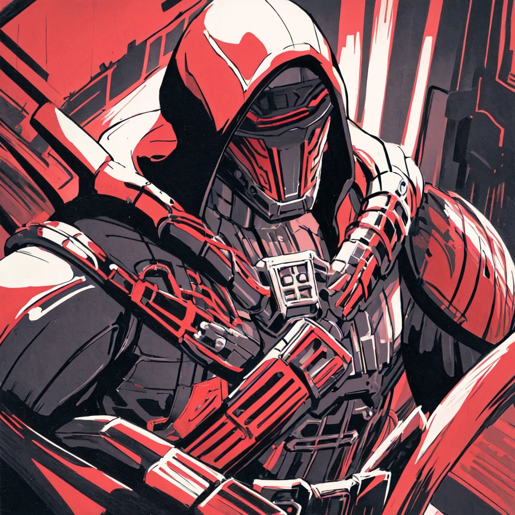 (best quality, masterpiece,) 1boy,hood, mask, armor, spikes, darthmarr, holding weapon, red lightsaber, upper body portrait(high contrast, official art, extreme detailed, highest detailed) 