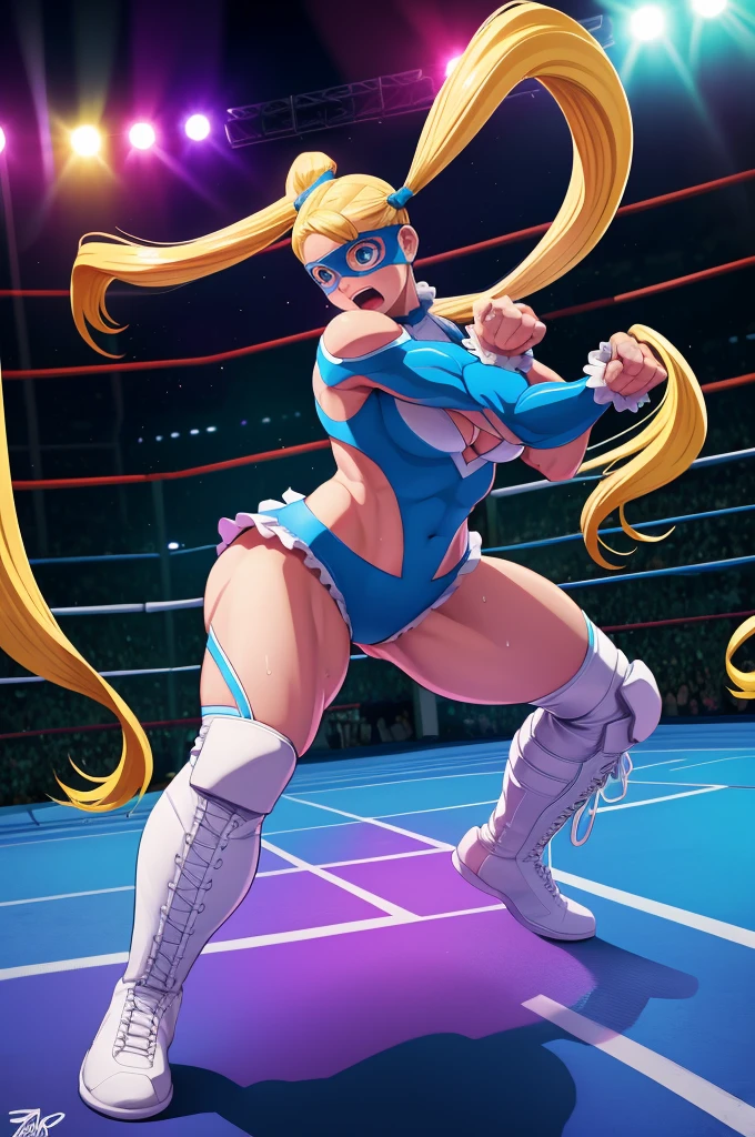 (masterpiece, illustration, action scene, very detailed image, best high quality high definition image, carefully detailed textures and pixels, carefully detailed character and background, alone solo character, sexy scene)
{{1character: beautiful 40 years old norse aristocrat blonde woman milf: (fair skin, light blue eyes, wavy yellow-blonde-golden hair, absolute beauty, angry face, clenching her teeth angry, big breasts, voluptuous figure, huge butt, running directly to attack, sweating), (headbang bith two flue flowers, silver necklace, blue one-piece wrestling leotard with rich golden details, golden wrestling boots, white wrestling elbow-pads, white wrestling knee-pads), (wrestling big ring, female wrestling stadium)}}