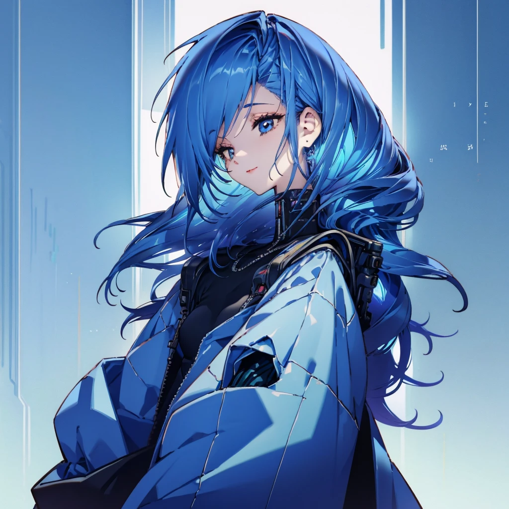 A blue-haired girl giving counseling in a counseling room. She has a cold expression and is smiling. Her clothes are cyberpunk.