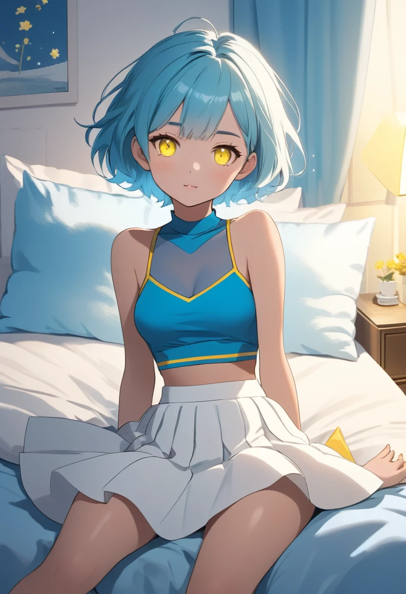a young girl with short cyan hair and yellow glowing eyes, is wearing a blue crop top and a white skirt. she is sitting on her bed in a cozy and neatly decorated bedroom. ((high quality 2.0)) ((High Resolution 1.3))