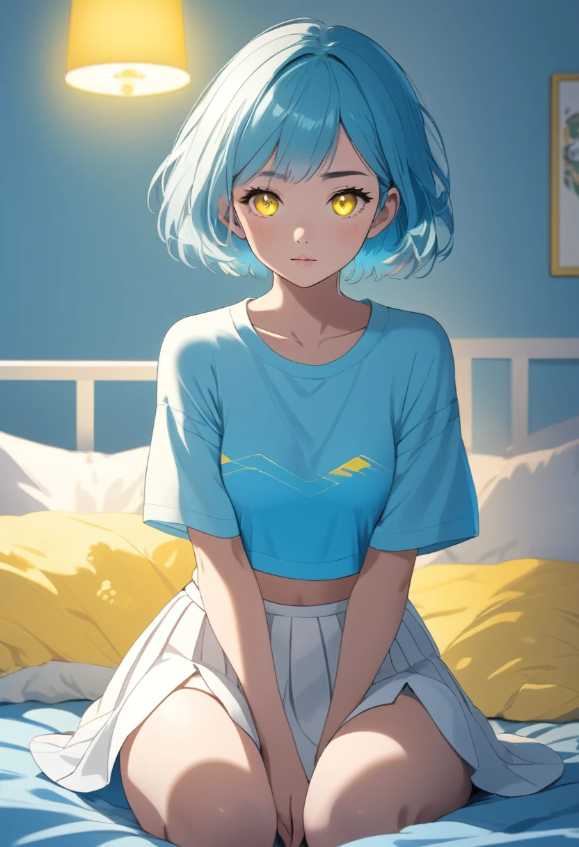 a young girl with short cyan hair and yellow glowing eyes, is wearing a blue crop top and a white skirt. she is sitting on her bed in a cozy and neatly decorated bedroom. ((high quality 2.0)) ((High Resolution 1.3))