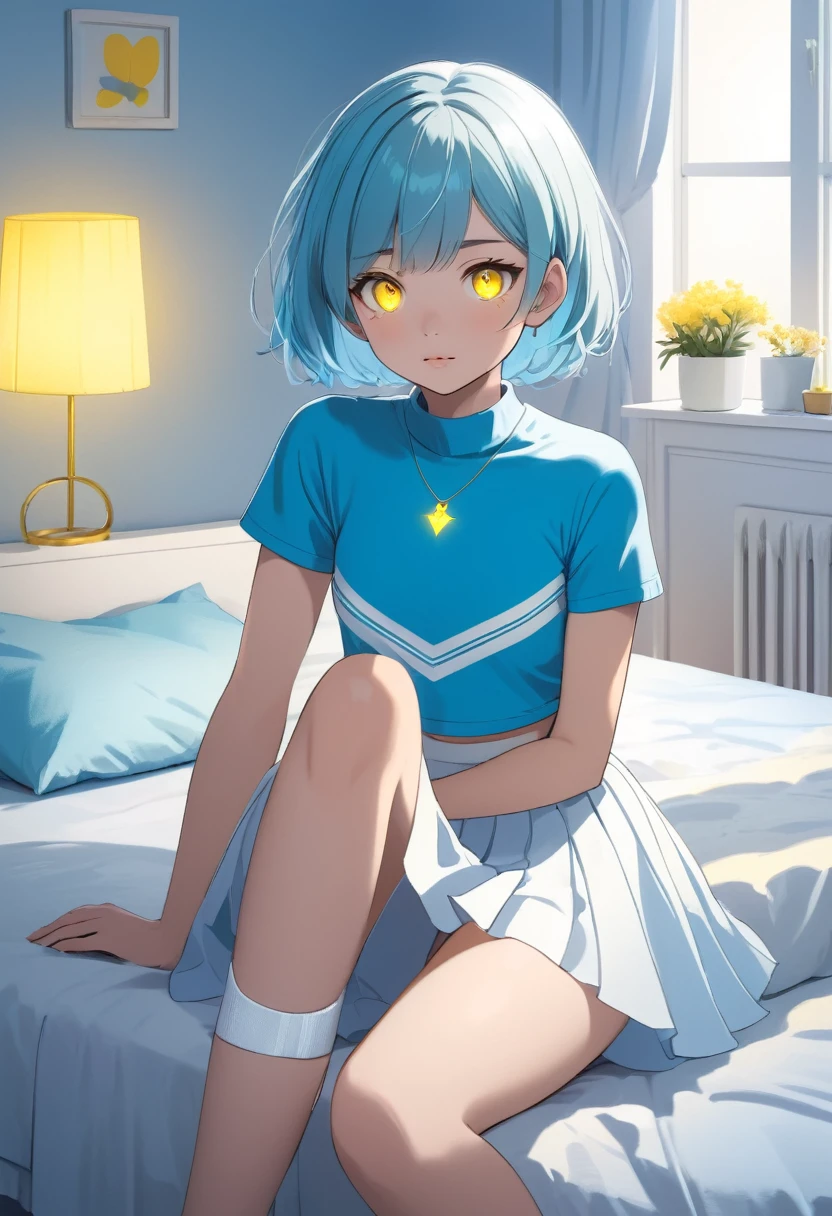 a young girl with short cyan hair and yellow glowing eyes, is wearing a blue crop top and a white skirt. she is sitting on her bed in a cozy and neatly decorated bedroom. ((high quality 2.0)) ((High Resolution 1.3))