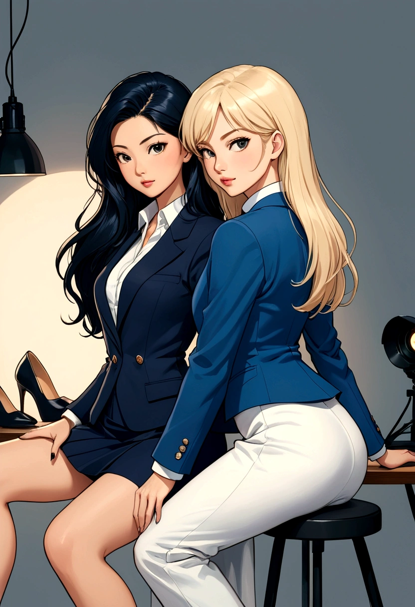 A captivating and sweet manga-style illustration of two stunning women, Freen and Becky, in a photo studio. Freen, with her dark blue jacket, long dark blue skirt, white shirt, and black high heels, has long black hair and Asian features. She leans back into Becky, who is wearing a white suit, wide white pants, light blue high heels, and has British features and semi-long blonde hair. The two women pose sensually and shamelessly, back to back, as they enjoy a moment of relaxation and intimacy in the studio. The atmosphere is warm and inviting, with the soft glow of the studio lights enhancing their beauty and elegance.