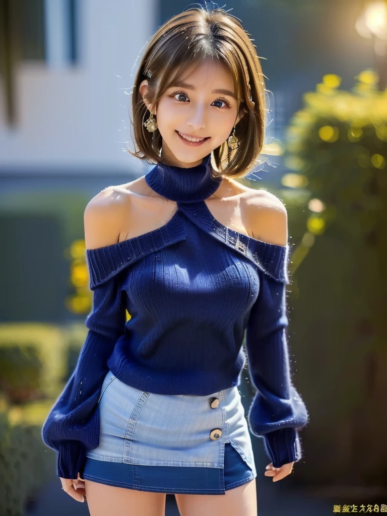One 18-year-old Japanese woman、Japanese Idols、(A full body photo from head to toe:1.8)、(High resolution)、(8k)、(Very detailed)、(Big and beautiful eyes:1.8)、(highest quality)、(Very detailed)、(masterpiece)、(A symmetrical, beautiful, cute, and small face:1.8)、Straight long hair、Long Bangs、(Light brown hair:1.8)、(Off-the-shoulder sweater:1.8)、Navy blue denim mini skirt、(Bottom Neck:1.8)、(Micro Mini:1.8)、(The miniskirt is plain navy blue:1.8)、A beautiful bust that is firm and not saggy、bare clavicle、Naked shoulders、Deep cleavage、(Bust is not visible:1.8)、A refreshing and bright smile、Shut your mouth.、sexy shot looking at camera、One girl、