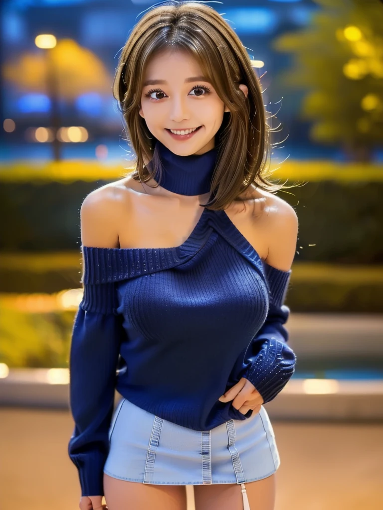 One 18-year-old Japanese woman、Japanese Idols、(A full body photo from head to toe:1.8)、(High resolution)、(8k)、(Very detailed)、(Big and beautiful eyes:1.8)、(highest quality)、(Very detailed)、(masterpiece)、(A symmetrical, beautiful, cute, and small face:1.8)、Straight long hair、Long Bangs、(Light brown hair:1.8)、(Off-the-shoulder sweater:1.8)、Navy blue denim mini skirt、(Bottom Neck:1.8)、(Micro Mini:1.8)、(The miniskirt is plain navy blue:1.8)、A beautiful bust that is firm and not saggy、bare clavicle、Naked shoulders、Deep cleavage、(Bust is not visible:1.8)、A refreshing and bright smile、Shut your mouth.、sexy shot looking at camera、One girl、