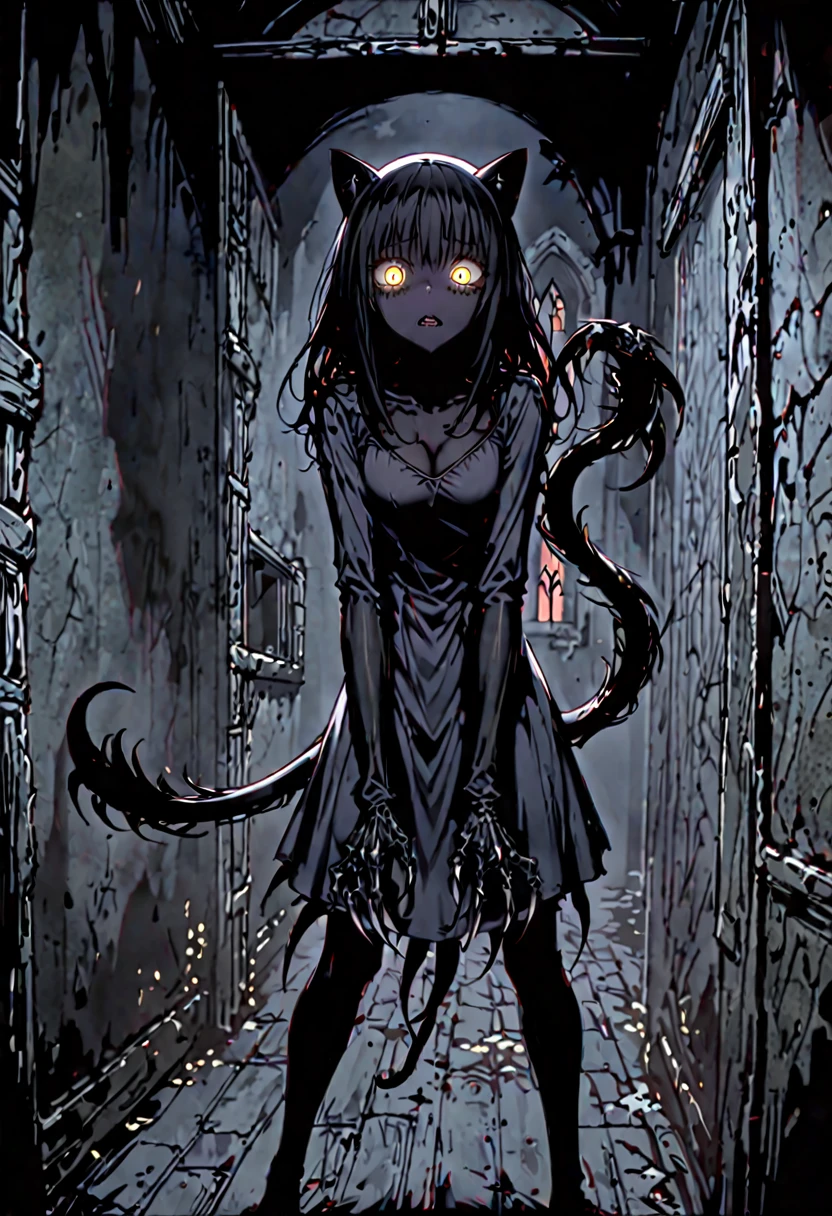 solo, female, slender, ver long arms, sharp claws, long claws, yellow eyes, slit pupils, short black hair, pitch black skin, horror, very dark, medieval, cleavage, room, corner, wide open eyes, yandere, extremely tall, ready to pounce, black cat ears, black cat tail, simple dress, night