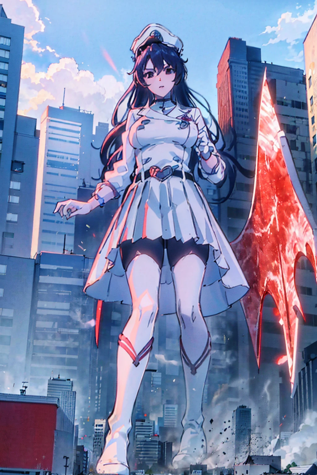 Girl taller than the building，from below, round and large eyes、tallgts,giantess，Full body photo，BuildingSeat, white uniform，Big breasts，pencil skirts，，white boots，cleveage of the breast、a miniskirt、Modern miniature buildings、top-quality、Watercolor style、stomping