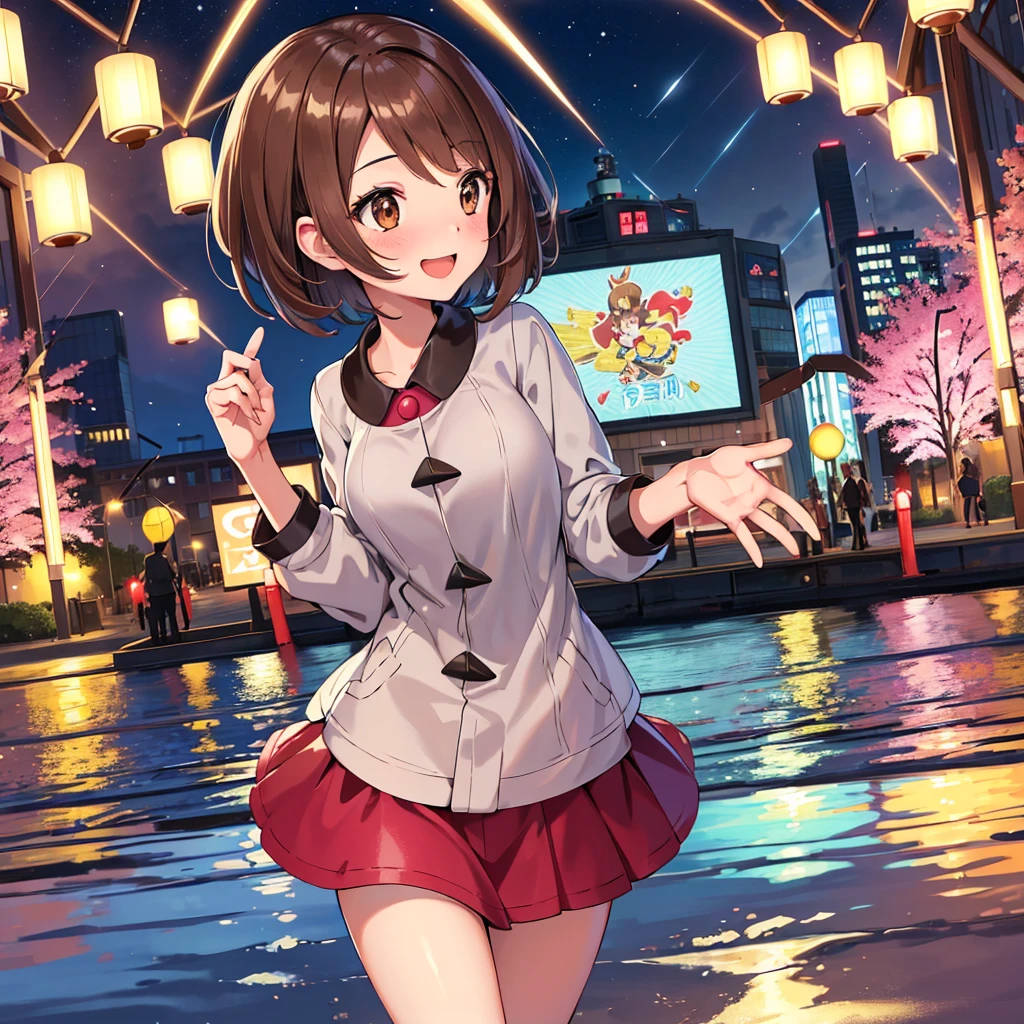 masterpiece, highest quality, High resolution, Gloria1, 1 Girl, Gloria\(Pokémon\), Brown Hair, , Brown Eyes, , Short Hair, , Bobcut, bangs, , 　１Describe a girl carefully　１Girl　A sloppy smile　blush　Open Mouth　blush　In town　Jacket　shirt　mini skirt　Night Moon　firework　Festivals