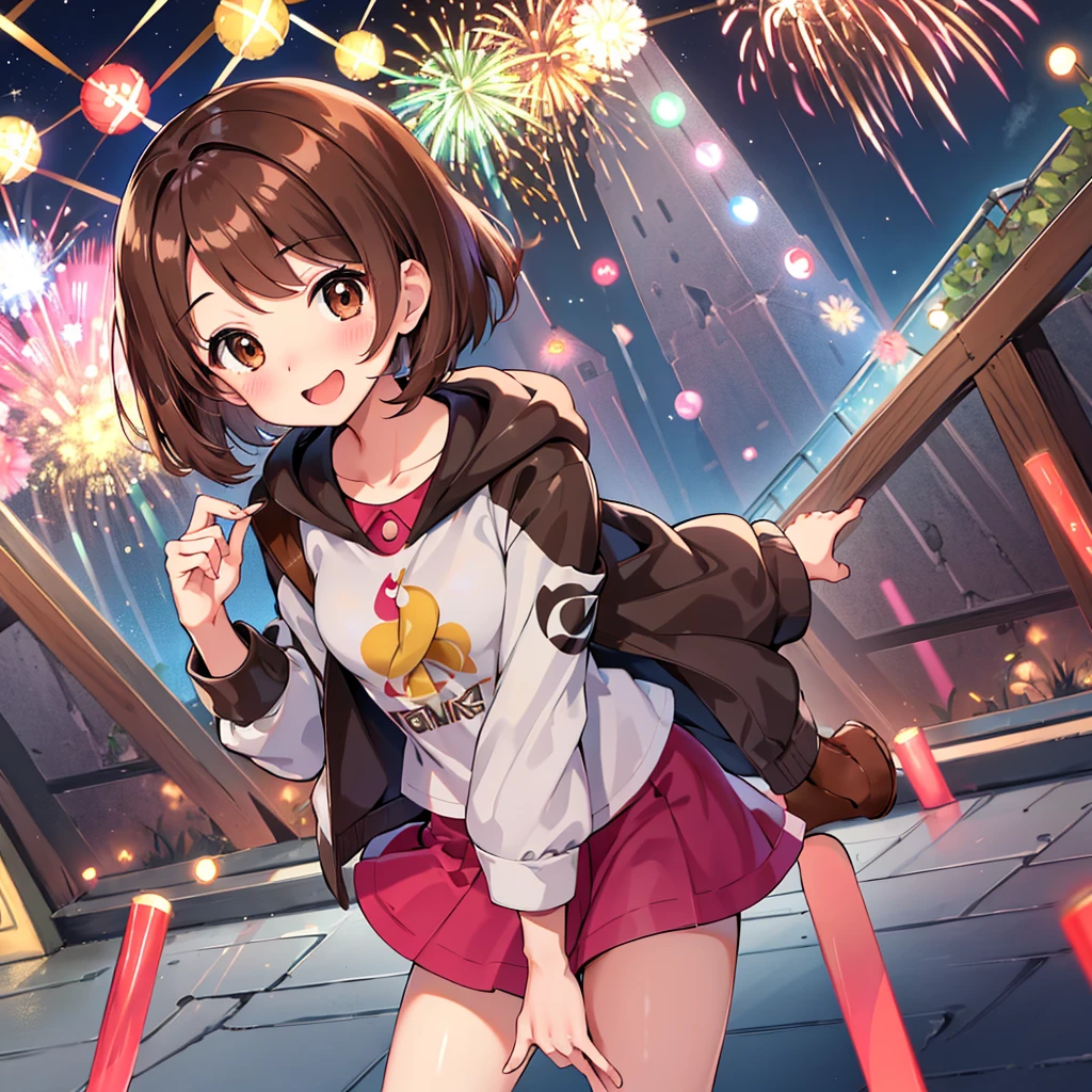 masterpiece, highest quality, High resolution, Gloria1, 1 Girl, Gloria\(Pokémon\), Brown Hair, , Brown Eyes, , Short Hair, , Bobcut, bangs, , 　１Describe a girl carefully　１Girl　A sloppy smile　blush　Open Mouth　blush　In town　Jacket　shirt　mini skirt　Night Moon　firework　Festivals