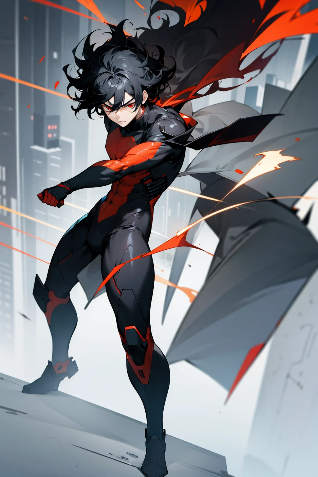 1male, black hair, wild hair, two toned hair, red eyes, full body combat suit, angered expression, black suit, white two toned suit, city background, standing on building