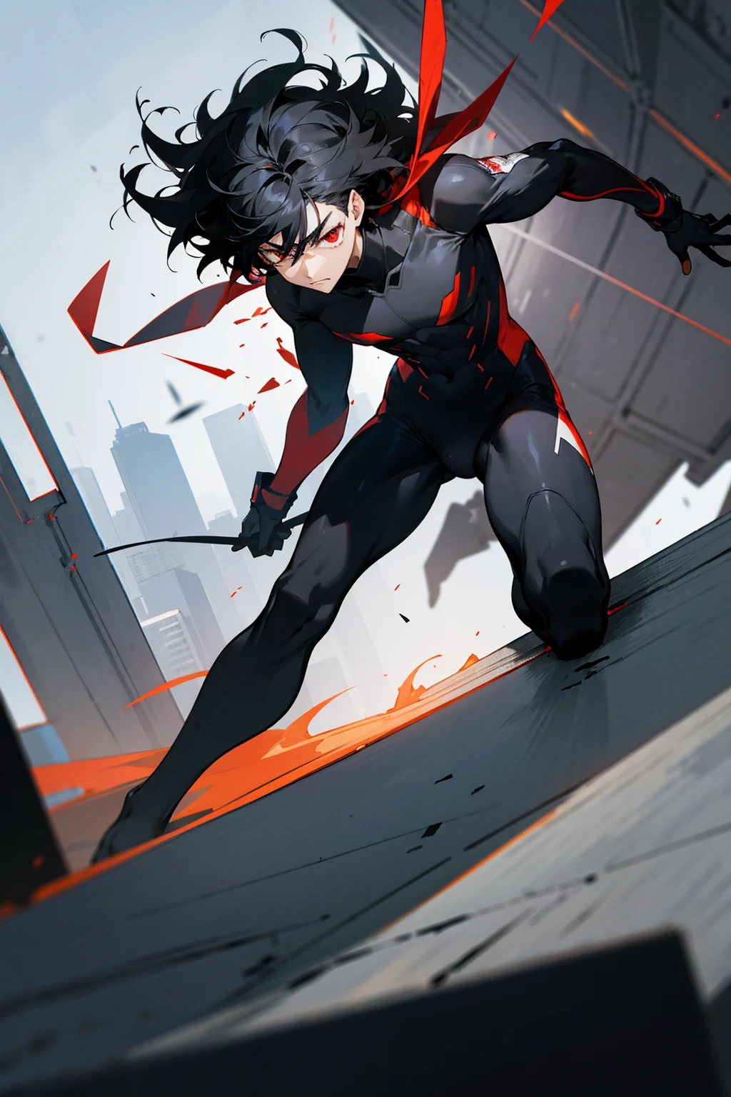 1male, black hair, wild hair, two toned hair, red eyes, full body combat suit, angered expression, black suit, white two toned suit, city background, standing on building