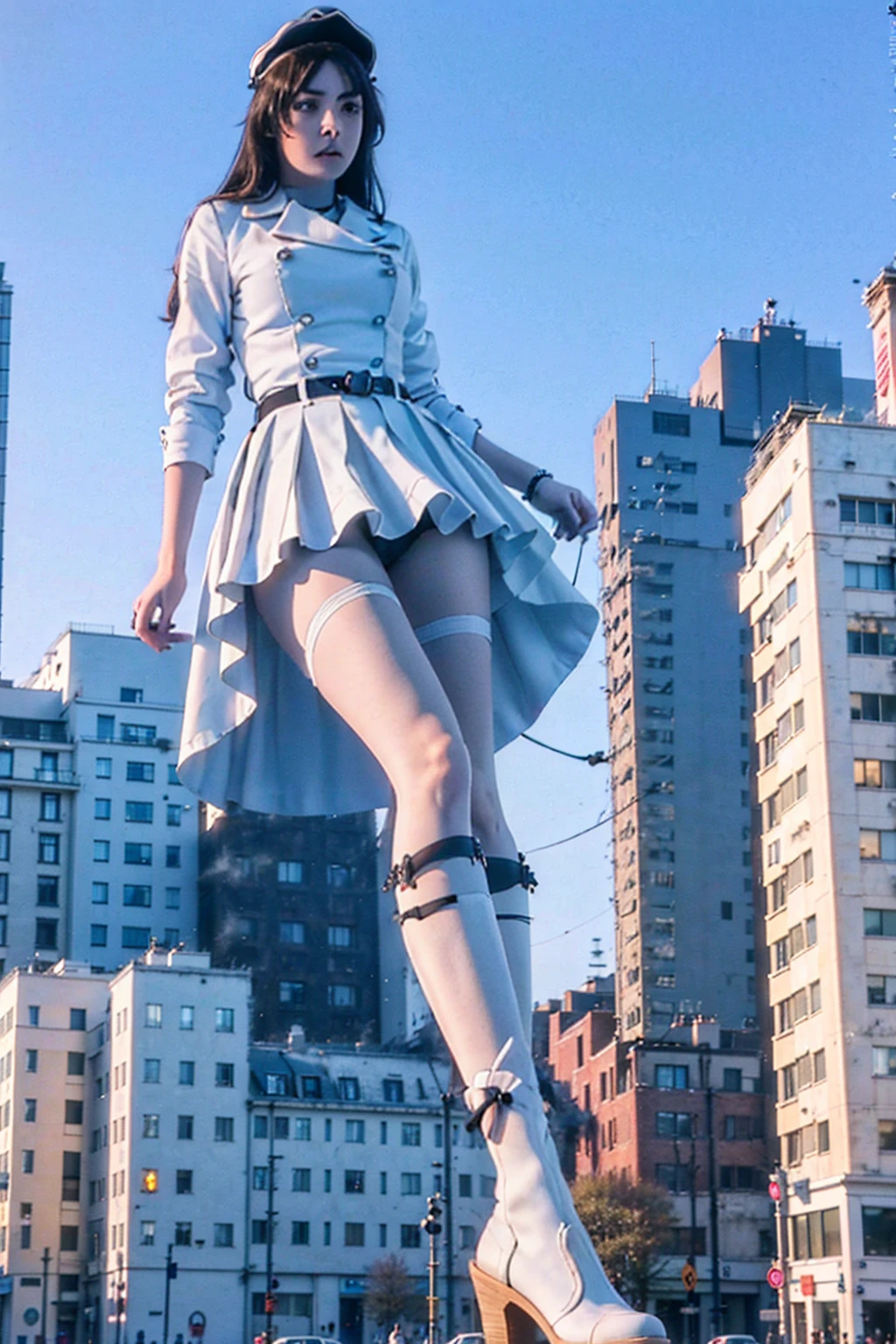Girl taller than the building，from below, round and large eyes、tallgts,giantess，Full body photo，BuildingSeat, white uniform，，pencil skirts，，white boots，cleveage of the breast、a mit、Modern miniature buildings、top-quality、Watercolor style、stomping
