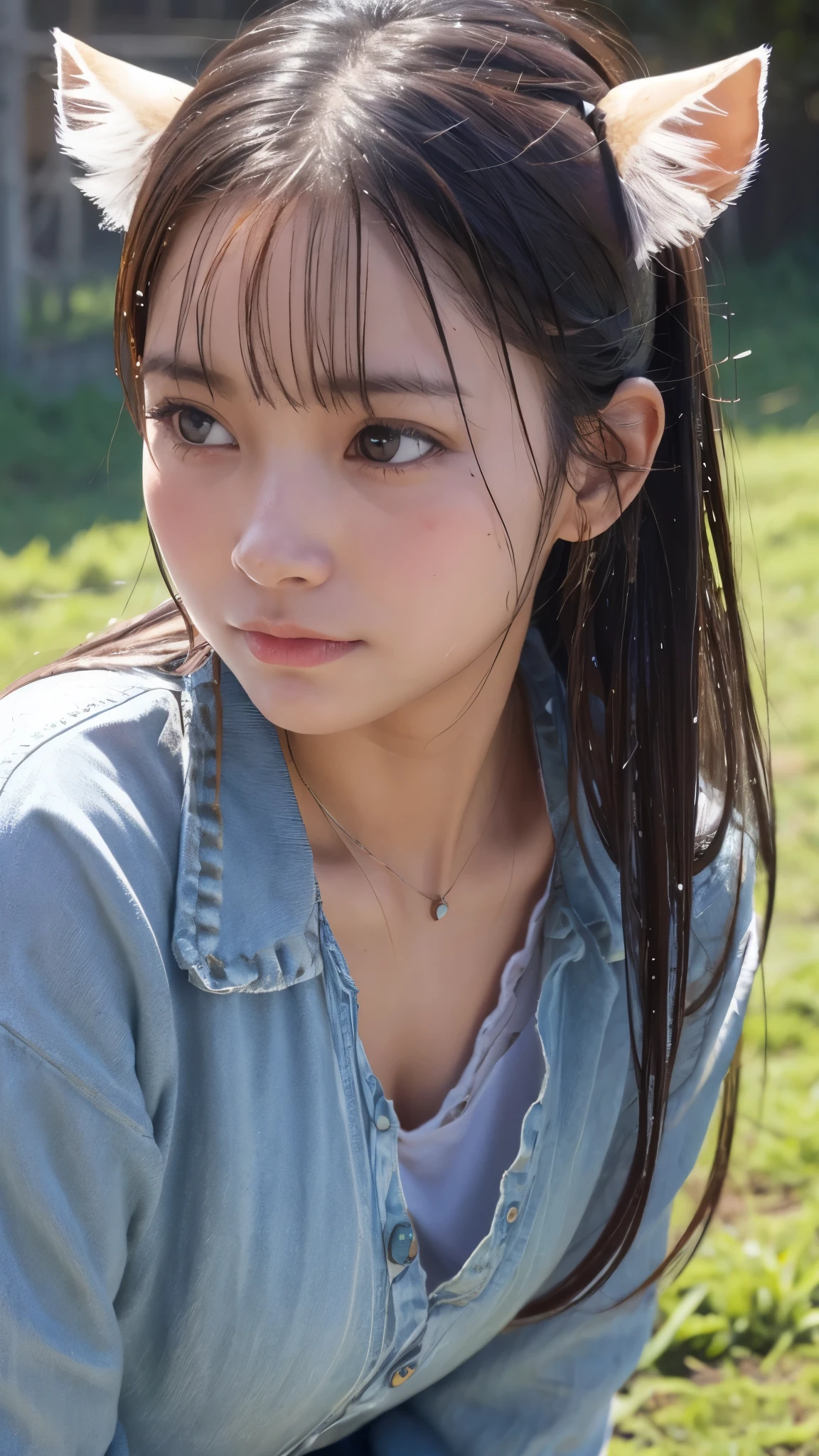 , Beauty, lots of cows , close up, Blushed face, Crouching, wet,