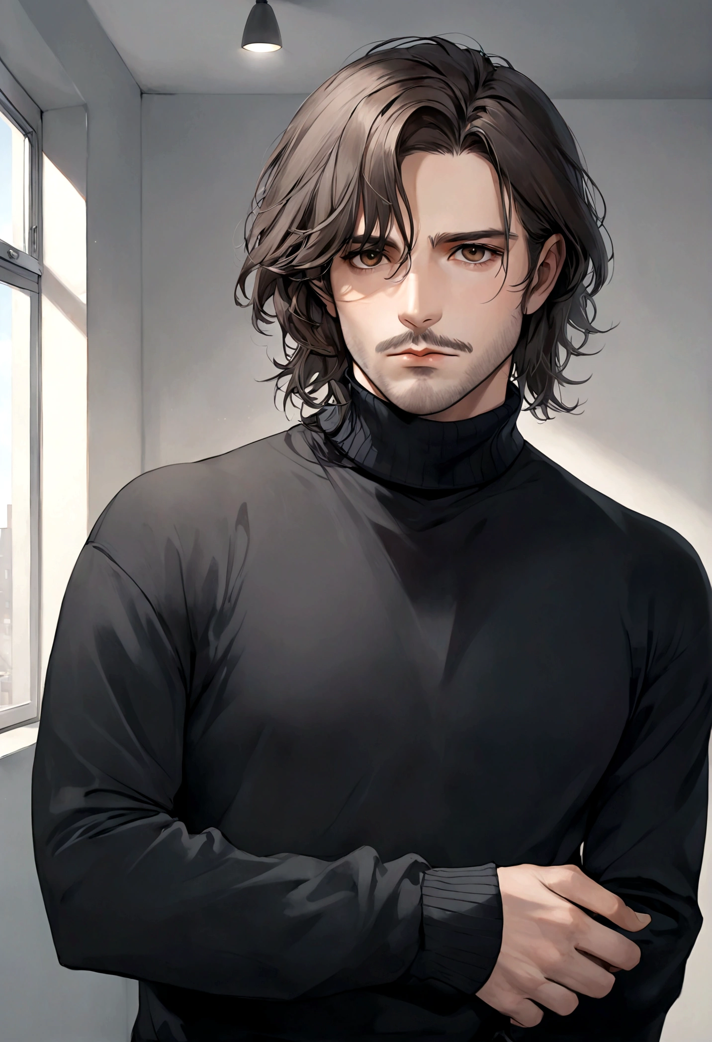 (black turtleneck sweater, A men's turtleneck sweater), ), ((bigote estilo Van Dyke y (barba de chivo) "Van Dyke", Van Dyke beard)), (light brown eyes), Aspecto atractivo y serio, ((cabello muy largo oscuro, messy hair)), Elegante y con estilo, abrigo elegante color gris largo, Un hombre similar al actor Jim Morrison con el cabello largo, ((cabello muy largo)), (Imagen realista y de alta calidad), Apartamento escandinavo en el fondo simple de un cuarto, ((La mejor calidad, 8K, obra maestra).((pose dinamica)), (cabello largo pasando los hombros)